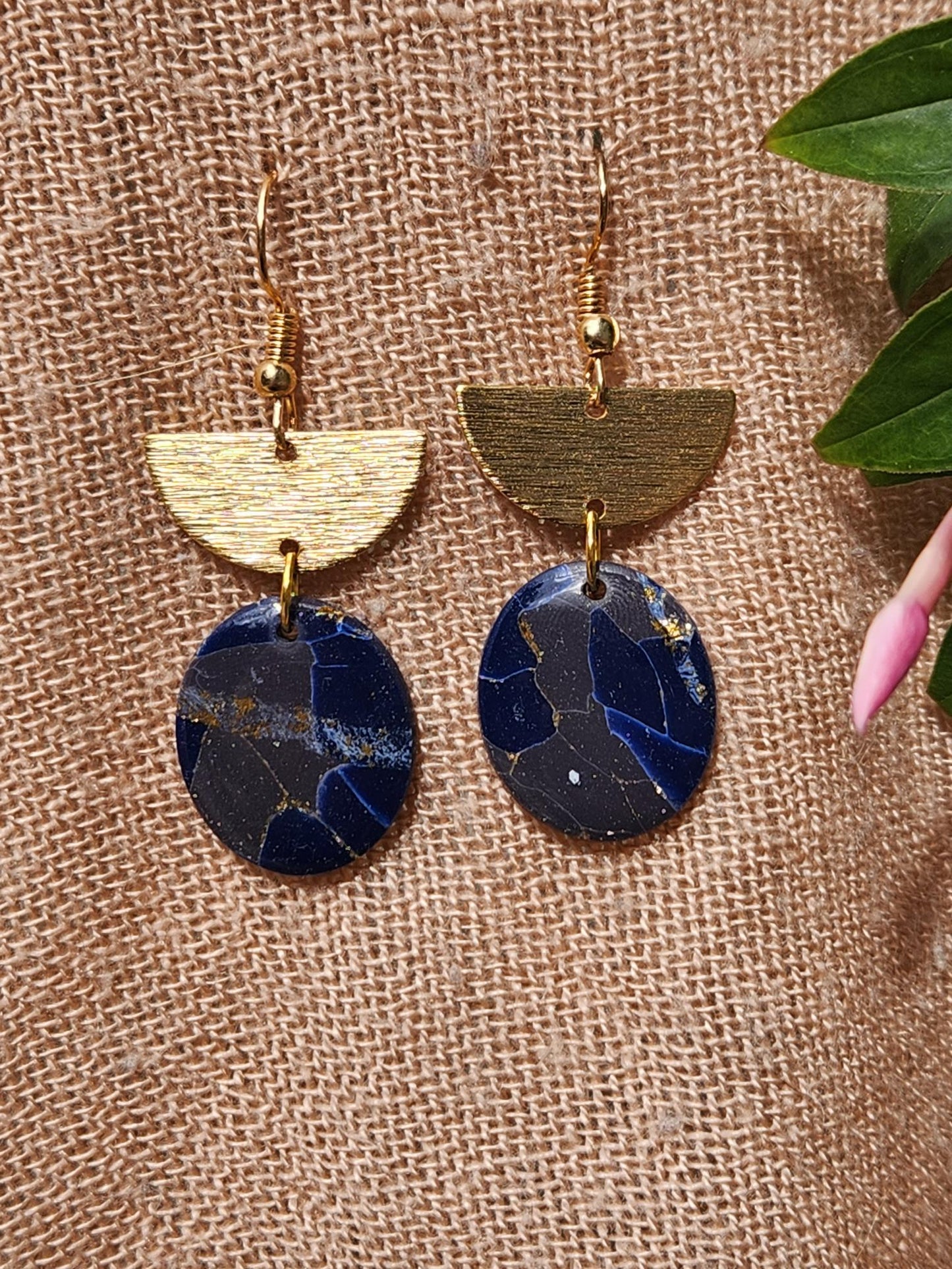 Midnight Oval & Brushed Gold Drop Earrings