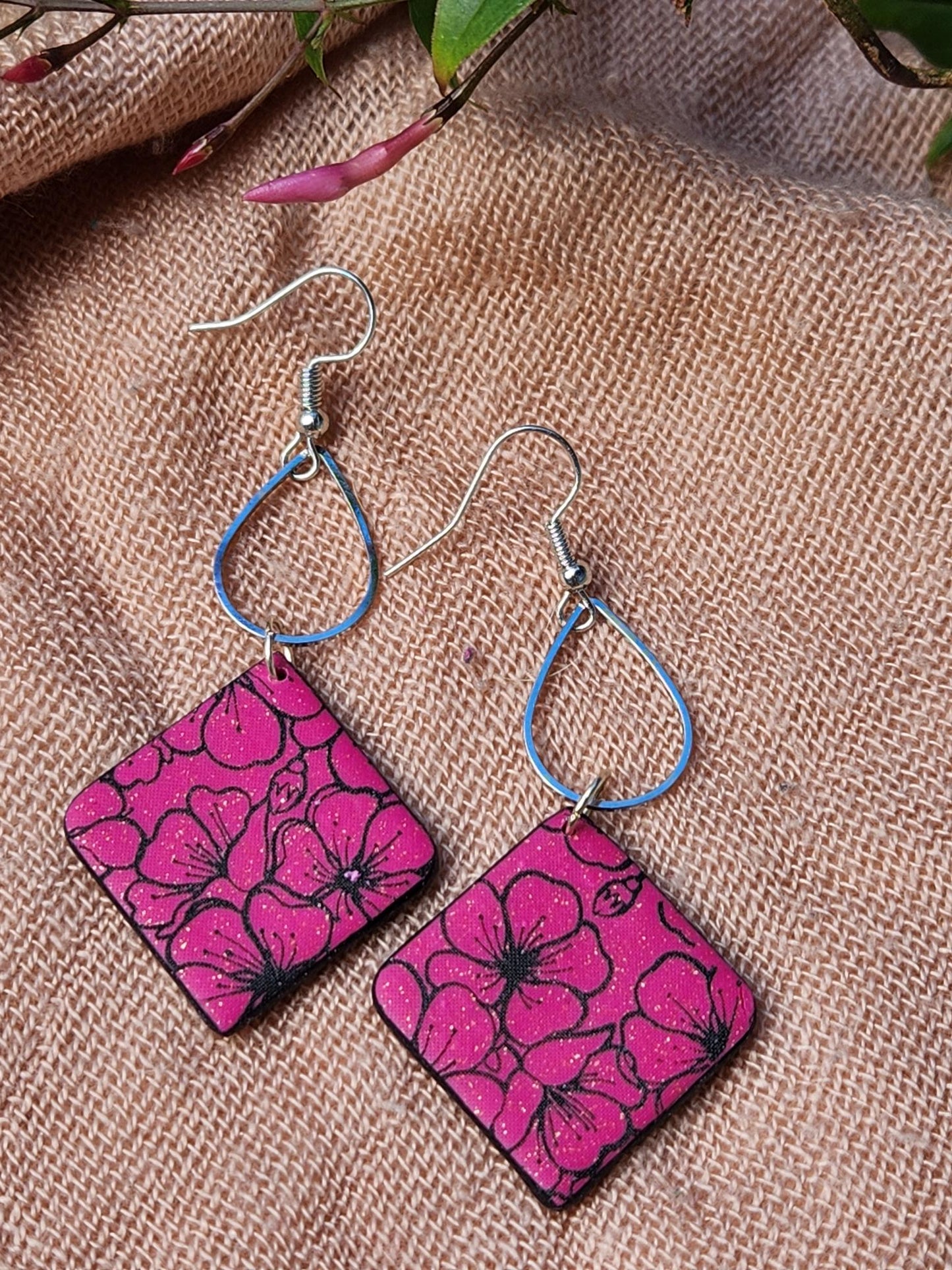 Magenta Flower Printed Drop Earrings