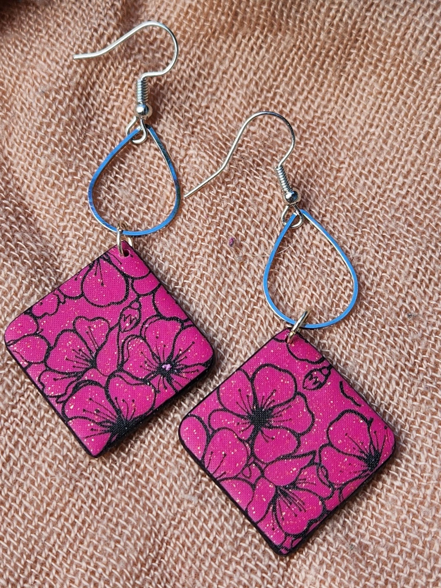 Magenta Flower Printed Drop Earrings